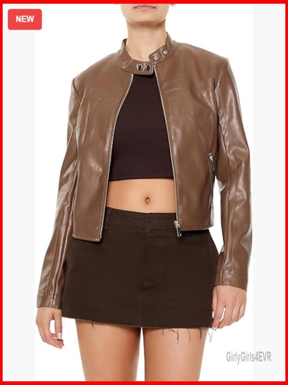 Faux Leather Moto Jacket with Zip Front and Zippered Pockets